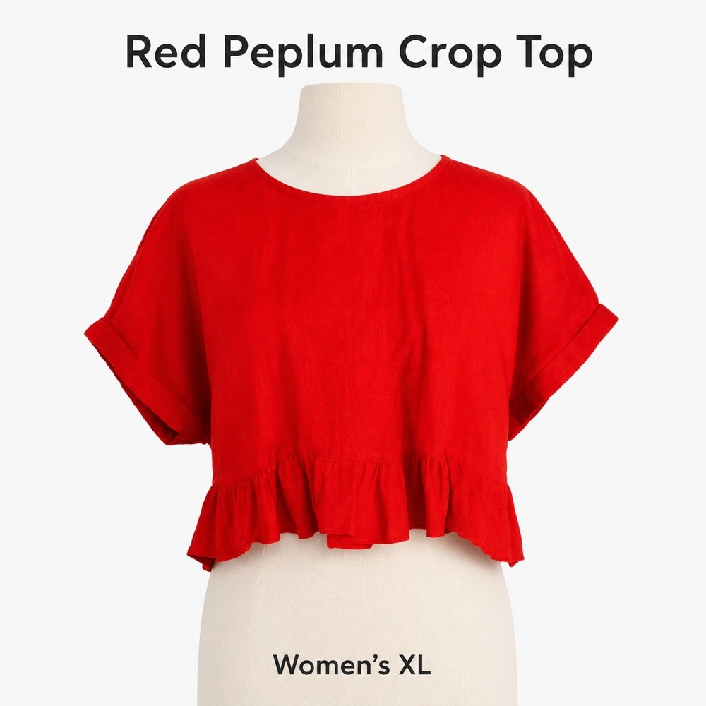 Red‎ Peplum Crop Top Short Cuffed Sleeve Keyhole Back Size XL Womens
